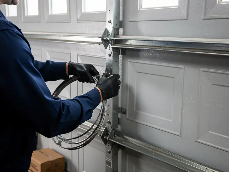 A technician in black gloves holds a coiled cable next to a white garage door.