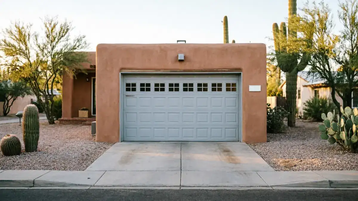 A light gray garage door with windows on a stucco house.