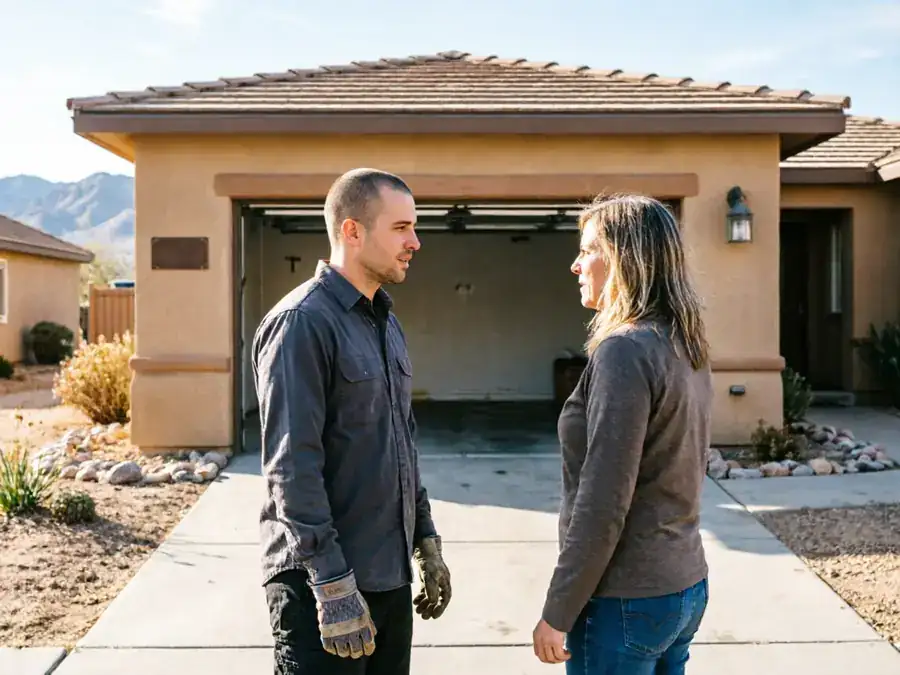 A technician and a woman stand in a driveway in front of a garage.