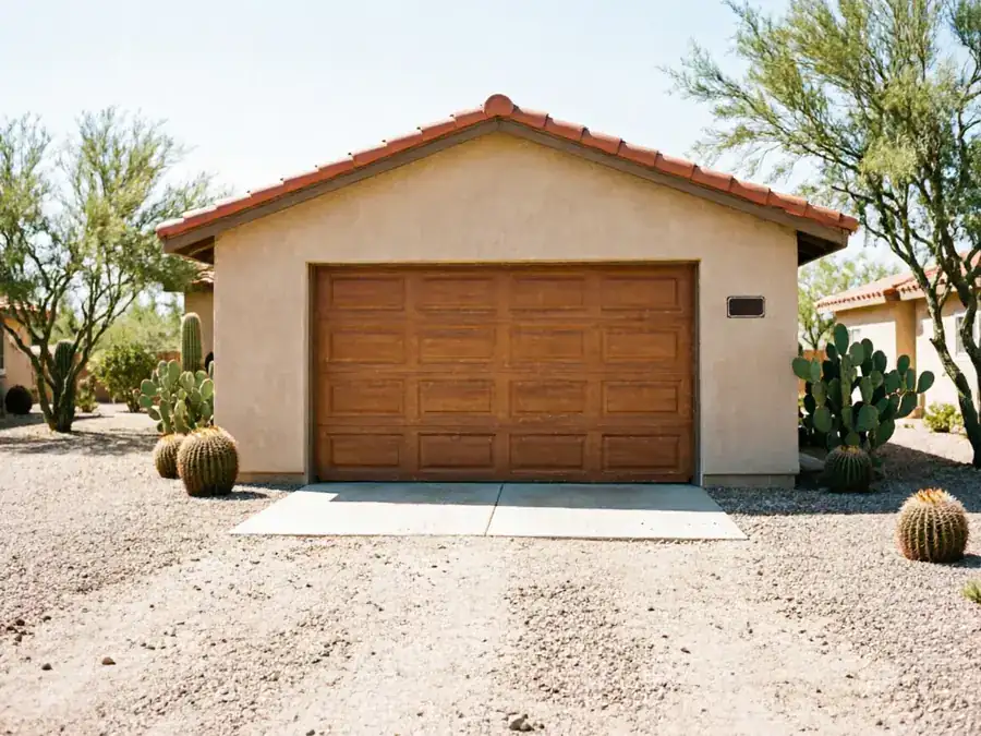 A detached garage with a brown wooden door and a red tile roof.