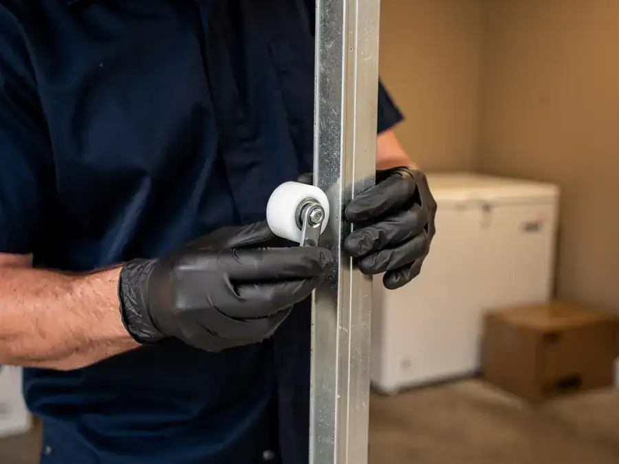 A technician wearing black gloves installs a white garage door roller into a metal track.