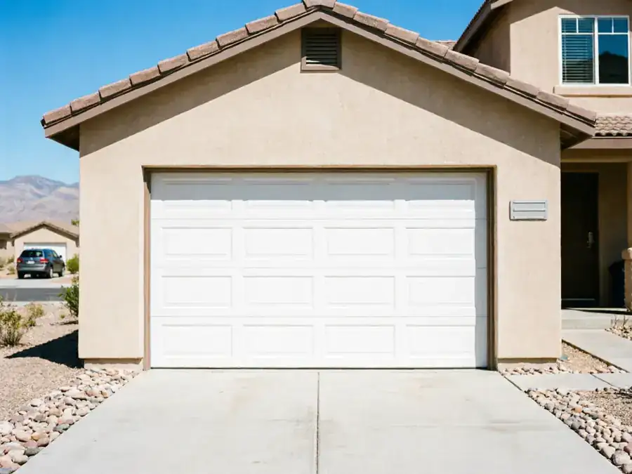 A white panel garage door is on a beige house with a brown tile roof.